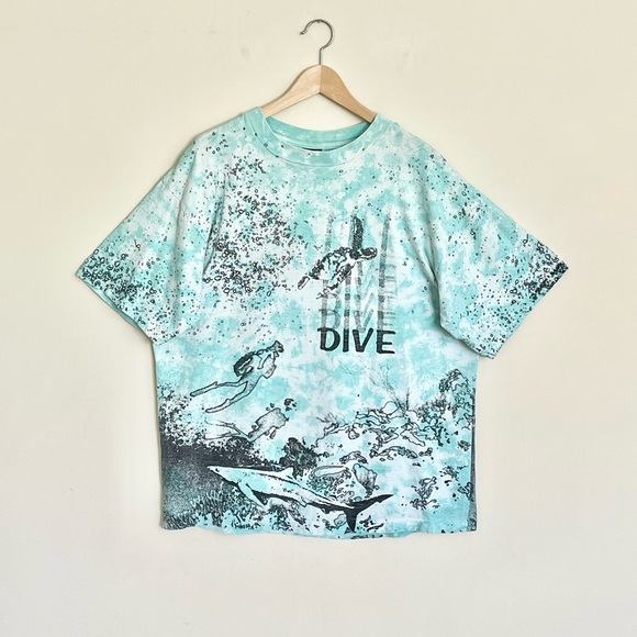 Vintage 90s Dive All Over Scuba Ocean Bubble Print Aqua Tie Die T Shirt Adult XL - Picture 2 of 16